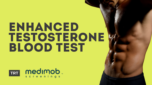 Enhanced Testosterone Blood Test - Medimob Screenings - Fit man showing abs in green background